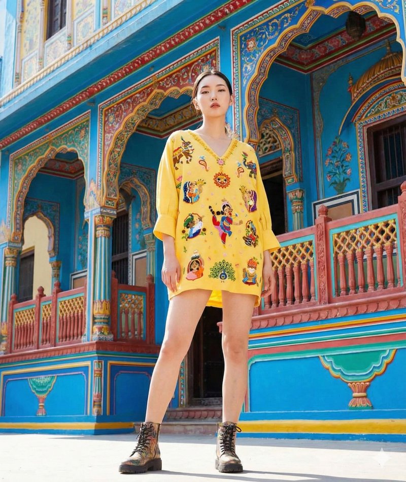 手工刺绣连衣裙、棉布、印度、大象、骆驼、孔雀 - 洋装/连衣裙 - 绣线 黄色