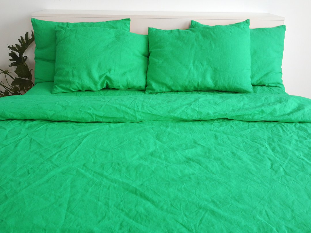 Mint linen sheet set / Flat+fitted sheet+2 pillowcases/Green bedding - 寝具 - 亚麻 绿色