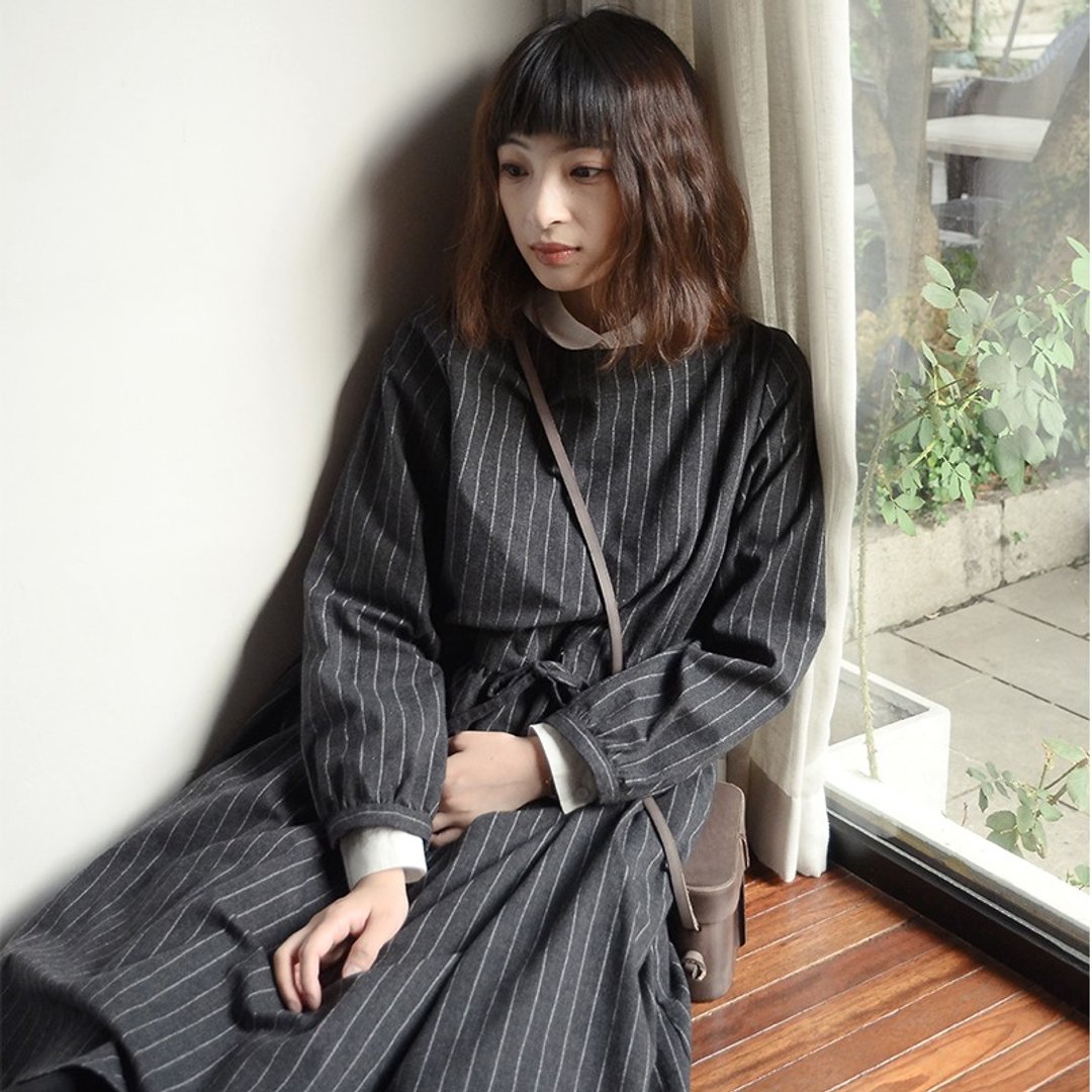 法式复古条纹洋装|连衣裙|羊毛+棉混纺|独立品牌|Sora-49 - 洋装/连衣裙 - 棉 
