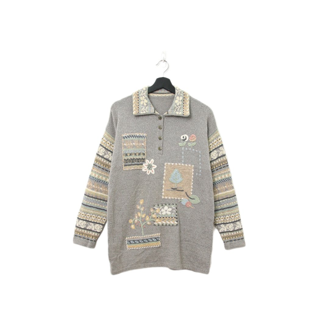 Back to Green-复古毛衣 浅灰 半立体花 ws-44 vintage sweater - 女装针织衫/毛衣 - 棉．麻 