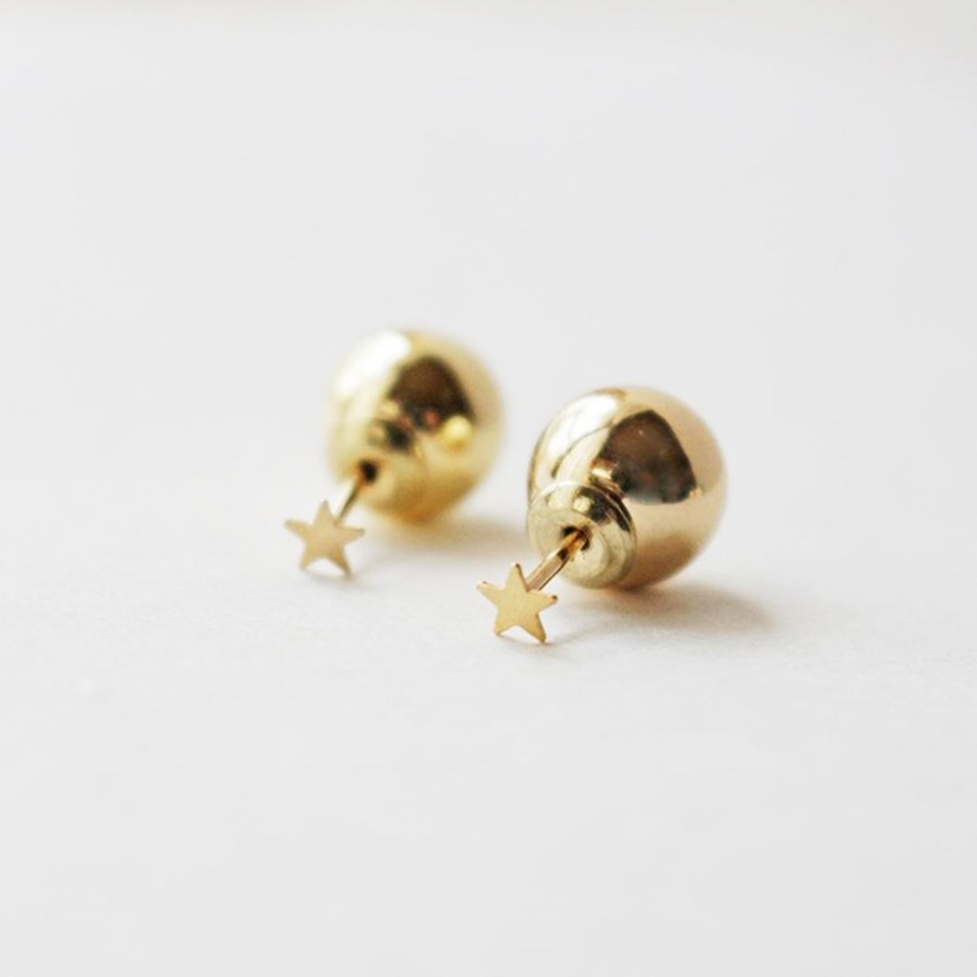 [14KGF] Star and moon earrings - 耳环/耳夹 - 贵金属 金色