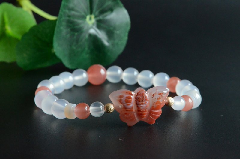 【冰蝶】天然南红冰飘蝴蝶荔枝冻手串樱桃红圆珠 - 手链/手环 - 宝石 