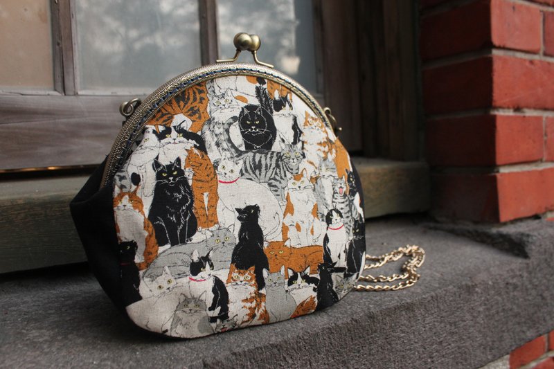 【猫街】口金包/侧背包/手拿包/收纳包 - 侧背包/斜挎包 - 棉．麻 黑色