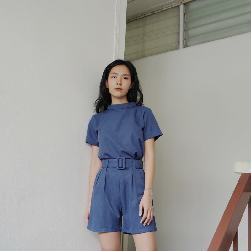 Belted Shorts (Navy) - 女装长裤 - 棉．麻 蓝色
