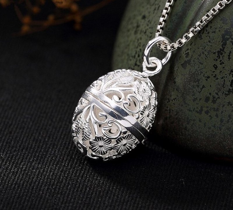 Real 925 Sterling Silver Vintage Engrave Plum Flower Hollow Pendant - 长链 - 纯银 银色