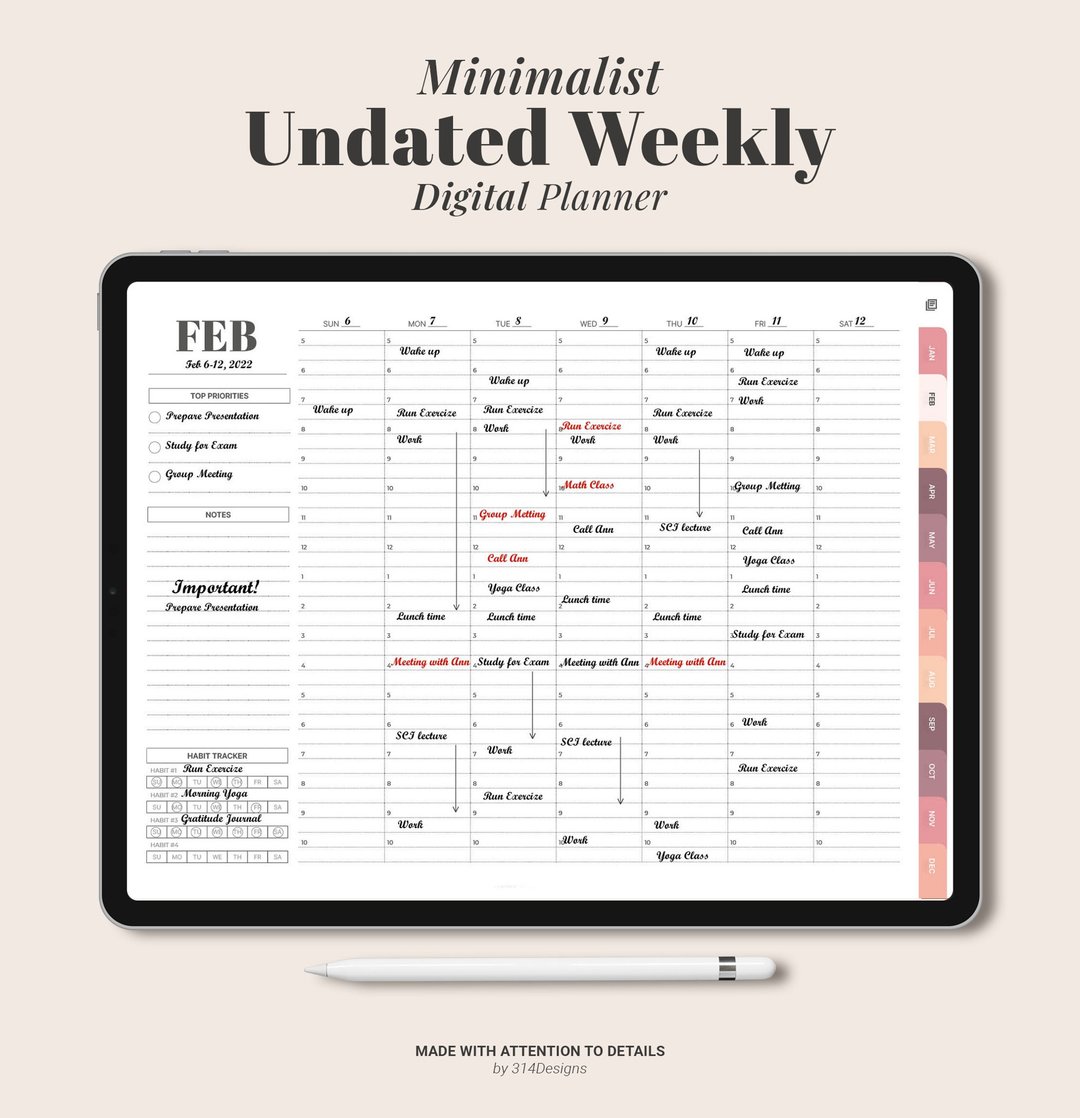 Undated Weekly Digital Planner, Goodnotes ipad Planner, Daily hourly Minimalist - 电子手帐及素材 - 其他材质 