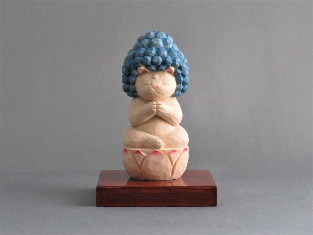 Wood carving Cat Buddha 1813 - 摆饰 - 木头 蓝色