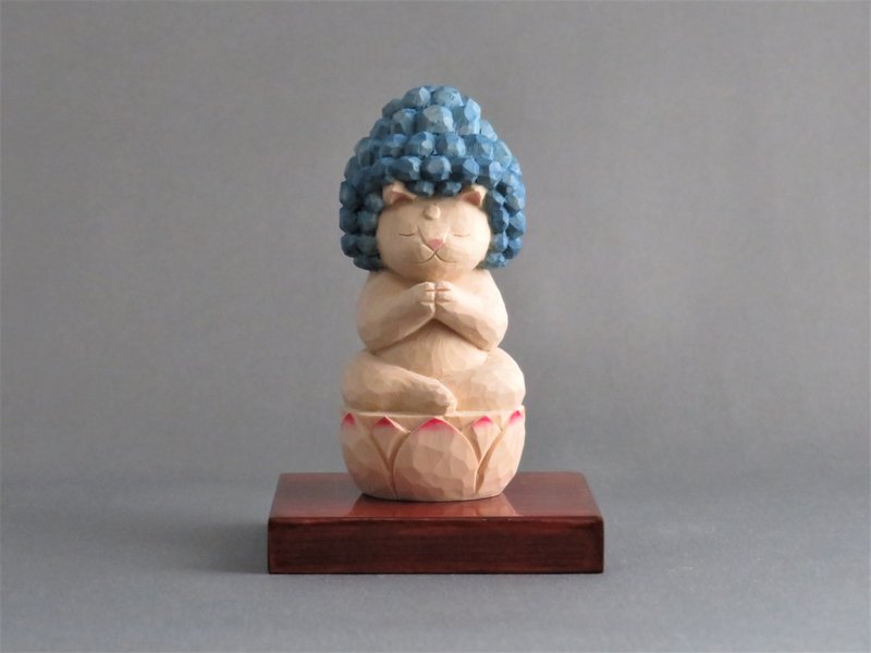 Wood carving Cat Buddha 1813 - 摆饰 - 木头 蓝色