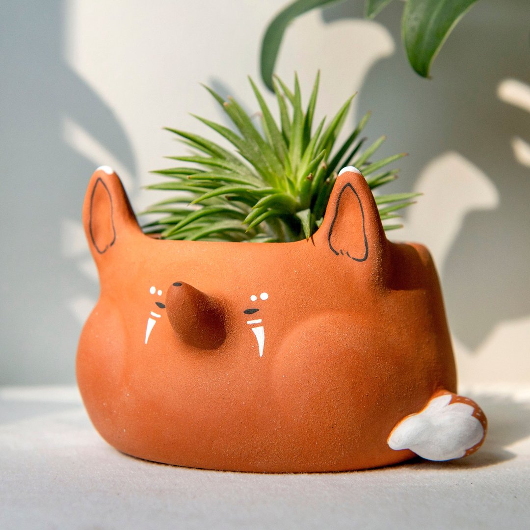 Chubby cheeks Tribal Terra Fox Planter. Handmade plant pot. - 花瓶/陶器 - 陶 