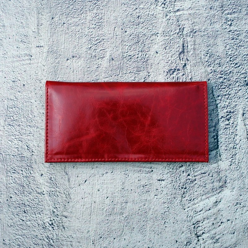 海棠红 蜡感仿古皮长夹 (4卡) - 手拿包 - 真皮 红色