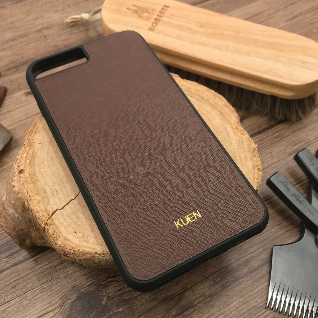 【iPhone 手机壳】啡色十字纹牛皮/防摔/多款型号/定制化印字 - 手机壳/手机套 - 真皮 咖啡色