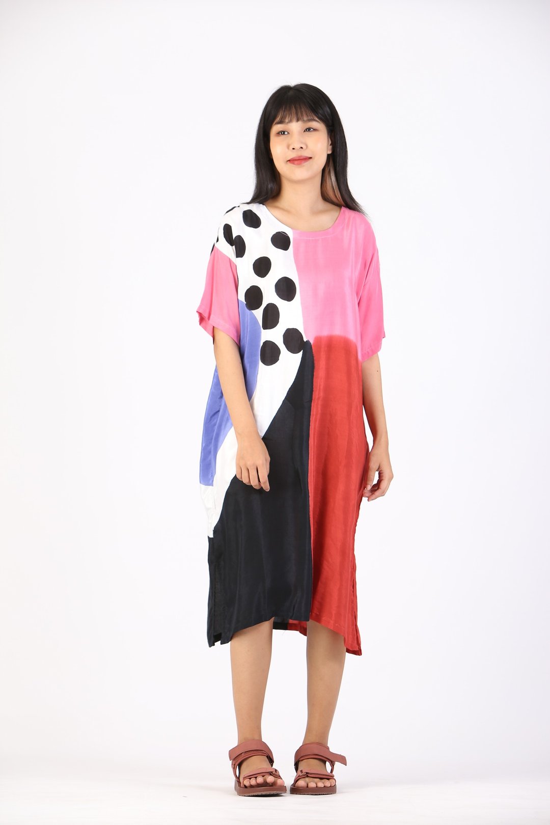 Short Dress Kaftan Cotton Silk Hand Paint Free Size - 洋装/连衣裙 - 棉 粉红色