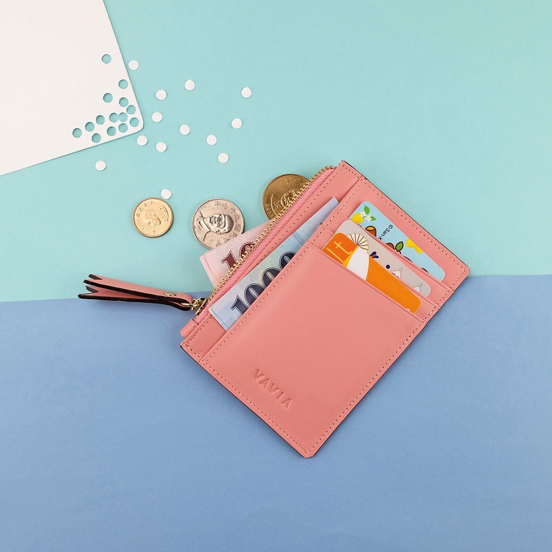 Coral Pink : Zipped Card Purse / Cow Leather - 皮夹/钱包 - 真皮 粉红色