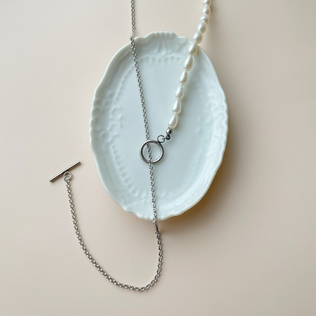 Baroque pearl x stainless steel necklace- Silver thin - 项链 - 珍珠 银色