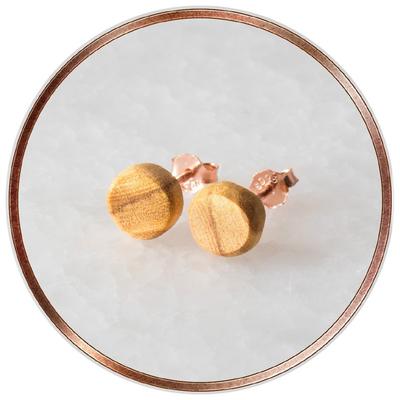 经典款圆形单扣橄榄木耳环-925纯银单颗耳扣式耳针 - 耳环/耳夹 - 纯银 橘色