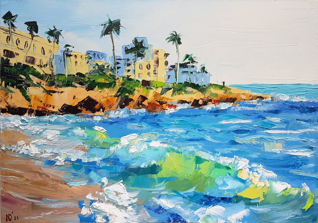 Seascape Painting Original Beach Oil Wall Art Wave Artwork Palm Tree Art - 海报/装饰画/版画 - 亚麻 蓝色