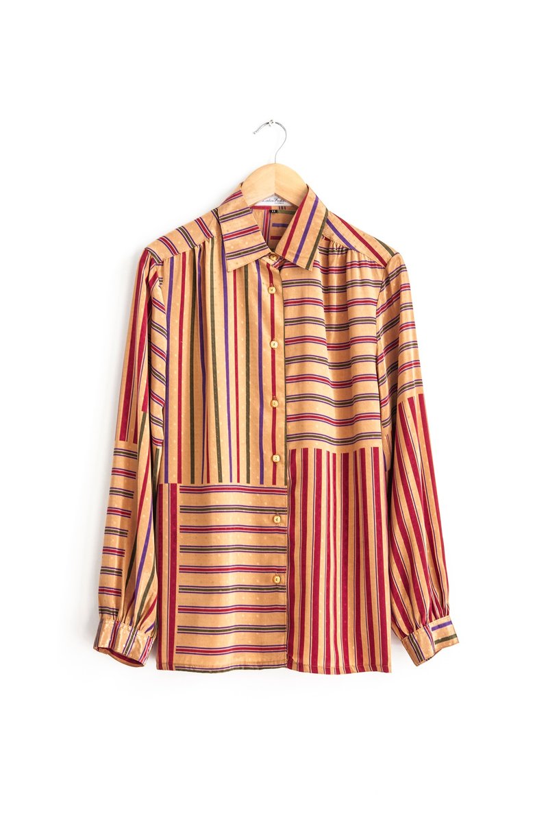 Vintage 焦糖饼干彩色不规则条纹设计特殊隐藏点点布料日本古着长袖衬衫 - 女装衬衫 - 聚酯纤维 橘色
