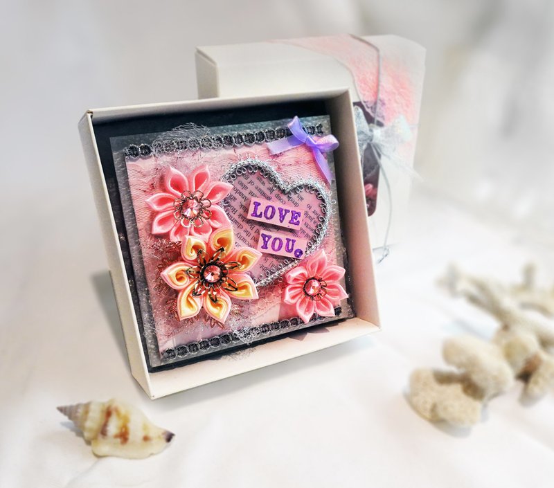 情人节 爱你 缎带永生花 卡片礼盒 (情人节、母亲卡、万用卡) - 卡片/明信片 - 植物．花 粉红色