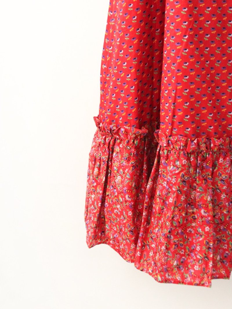 复古欧洲田园风红色小花朵棉质碎花古着长裙 European Vintage Skirt - 裙子 - 棉 红色