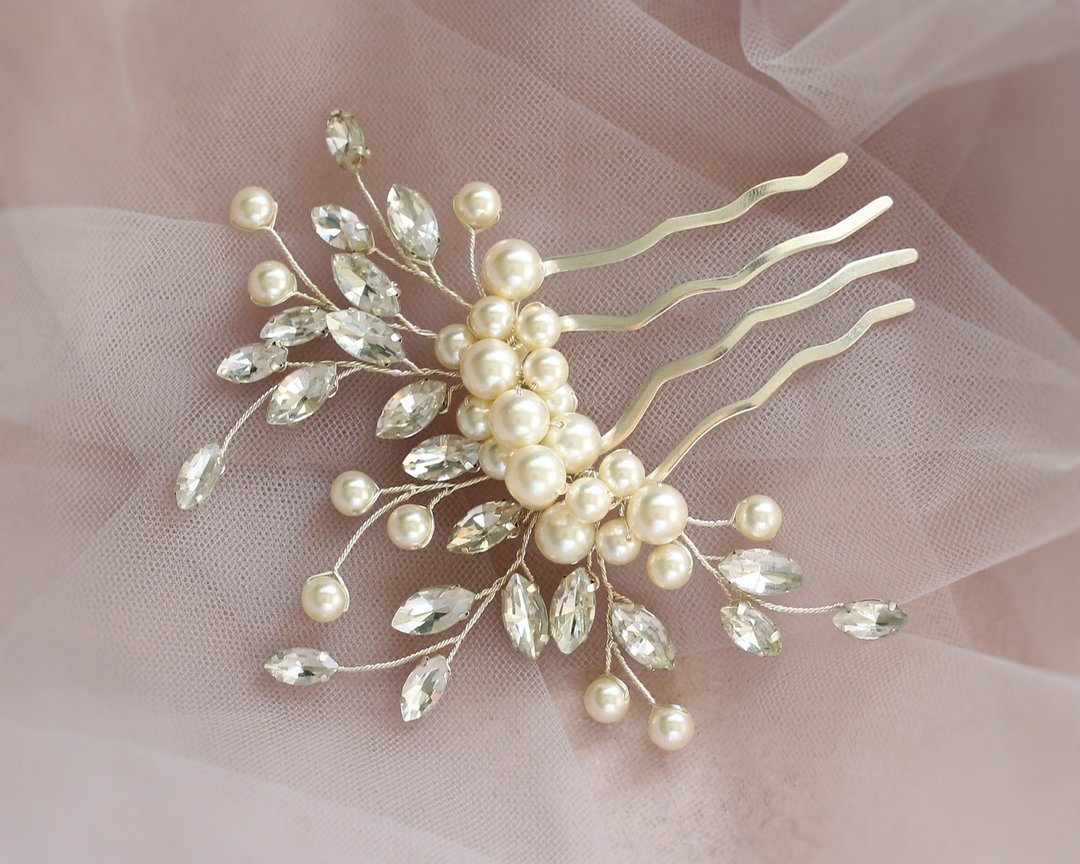 Bridal Hair Comb Pearl and Crystal / Wedding Hair Comb / Pearl Hair Piece - 发饰 - 玻璃 银色