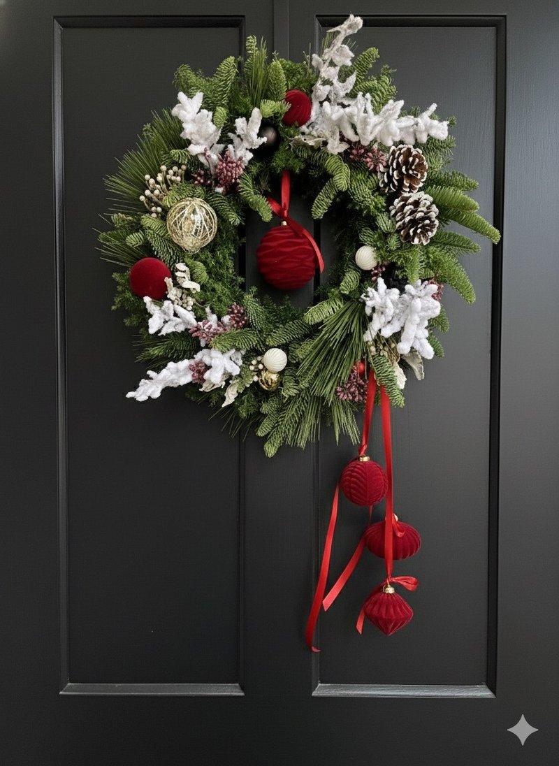 经典红白色系植绒圣诞球花圈40厘米 - 干燥花/捧花 - 植物．花 红色