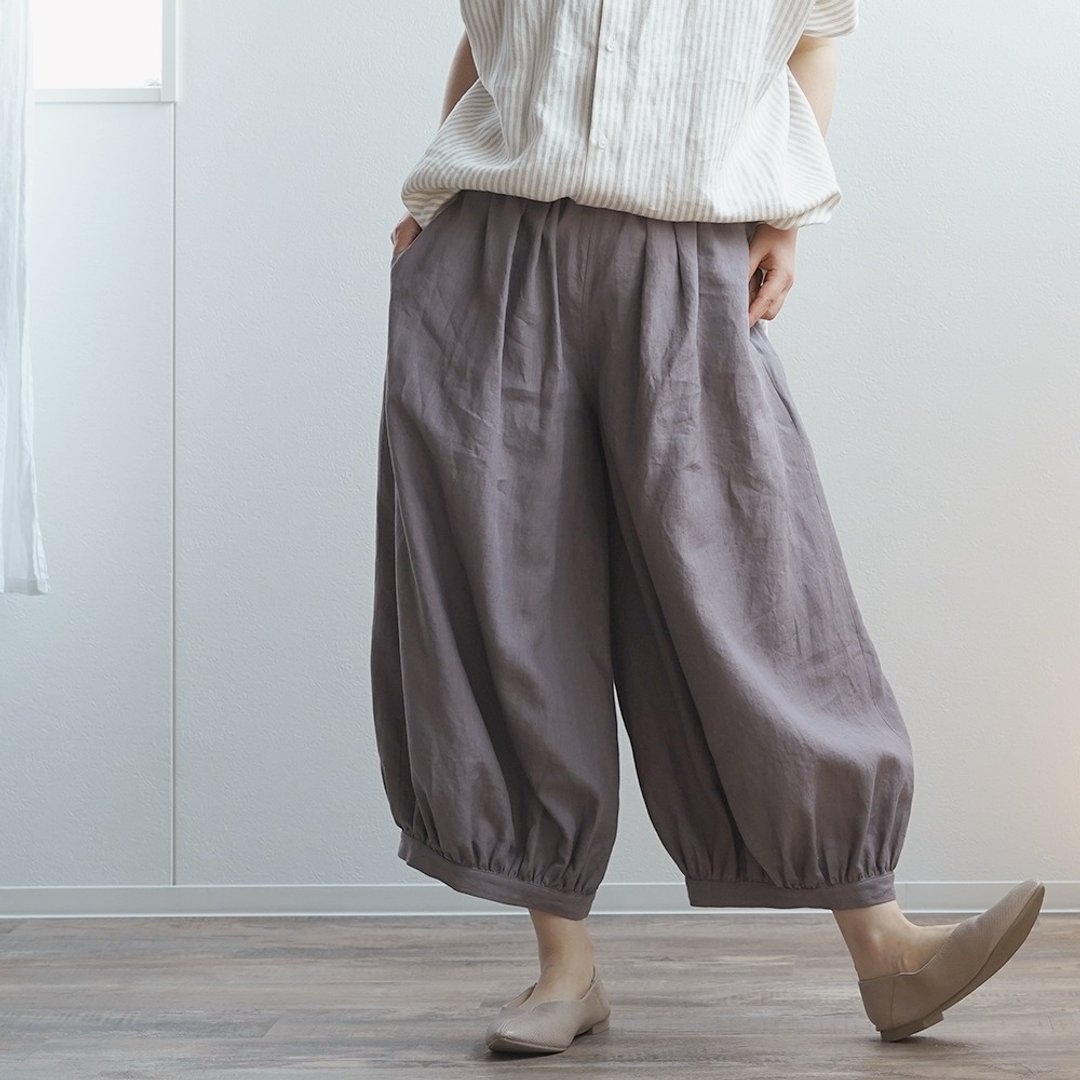 wafu --Ama 褲子 Linen Harem Pants / Mink b005j-cnz1 - 中性裤装 - 亚麻 咖啡色