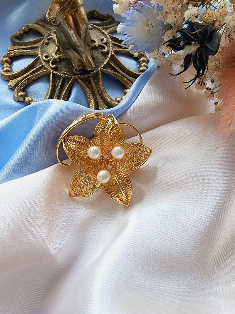 美国西洋古董饰品/ 典雅掐丝金花珍珠花蕊胸针/别针vintage - 胸针 - 其他金属 