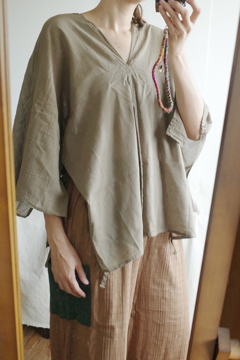 泰国纯棉侧边绑带宽袖上衣 沙绿色 - 女装上衣 - 棉 