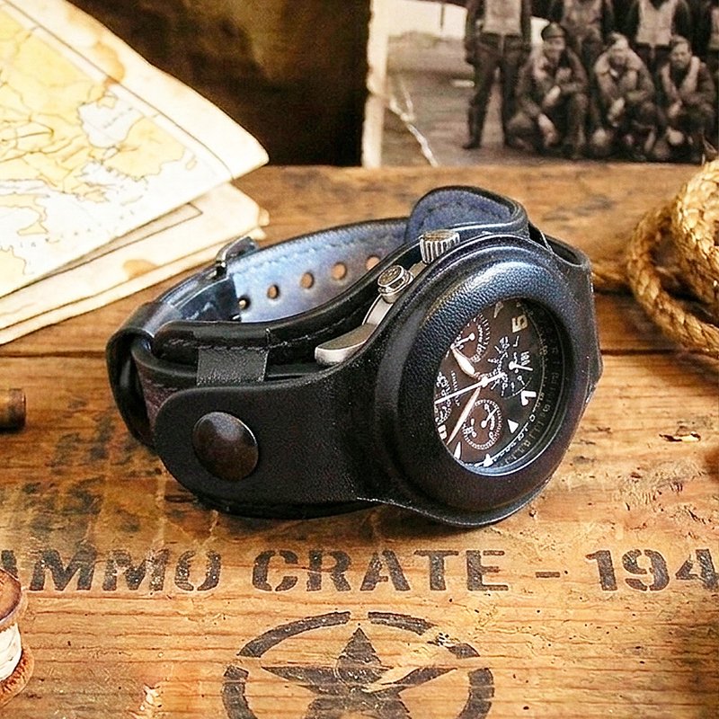 手工黑色飞行员 Bund 表带 22mm 双层保护设计 - 表带 - 真皮 黑色