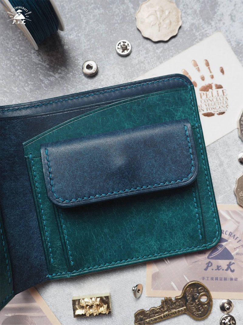 纯手工牛皮多功能钱包短夹皮夹 颜色款式可定制化 订制刻字礼物 - 皮夹/钱包 - 真皮 蓝色