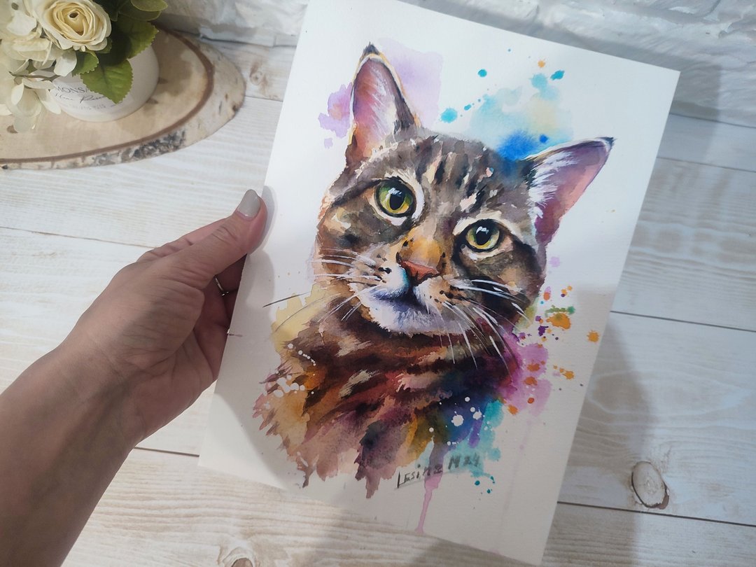猫肖像水彩画宠物肖像画多彩动物艺术 - 墙贴/壁贴 - 其他材质 咖啡色