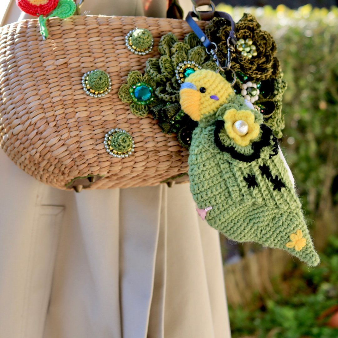 Budgerigar mini pouch zipper type yellow & green - 化妆包/杂物包 - 羊毛 绿色