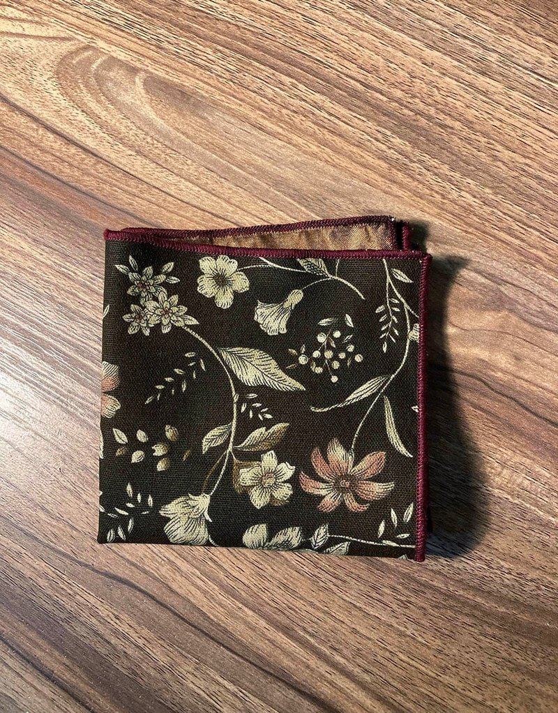 咖复古花 口袋巾 pocket square - 领结/领巾 - 棉．麻 咖啡色