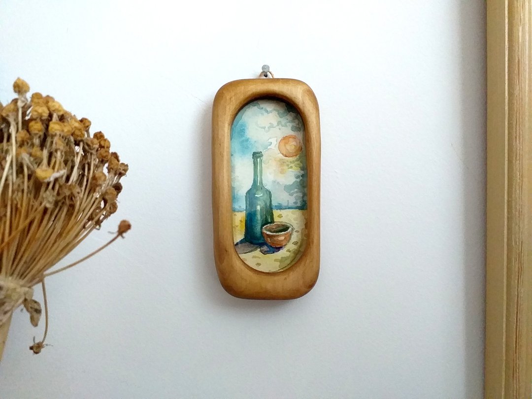与手工雕刻的框架的微型静物水彩画 - 墙贴/壁贴 - 木头 咖啡色