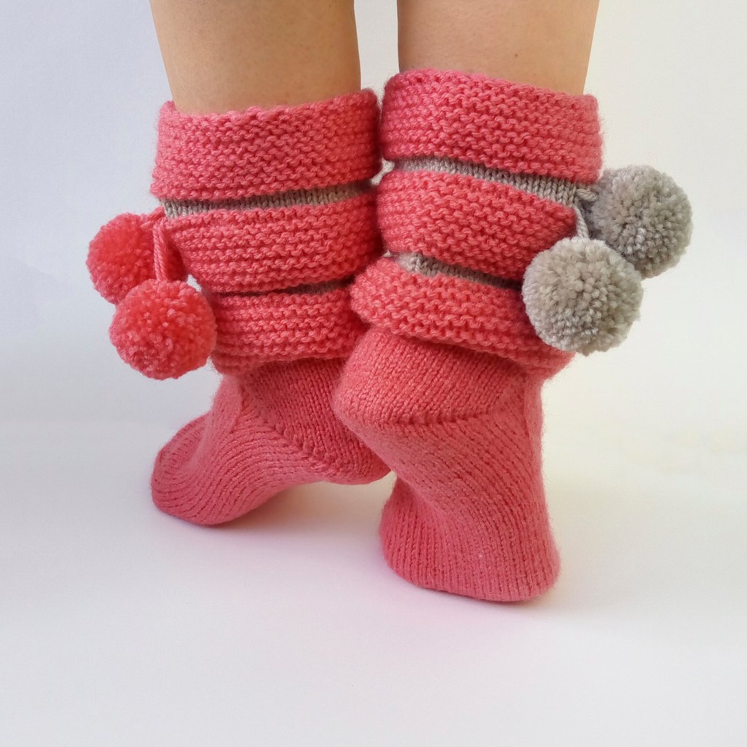 Knitted Slippers Women Slipper Socks with Pom Pom Knit Slippers Wool Bed Socks - 袜子 - 羊毛 粉红色