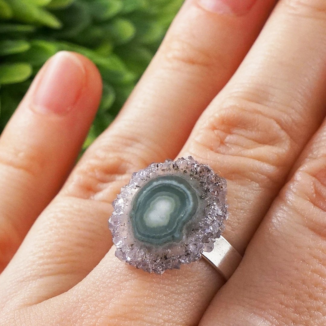 Amethyst Slice Ring Stalactite Crystal Purple Gray Lilac Adjustable Ring Jewelry - 戒指 - 宝石 紫色