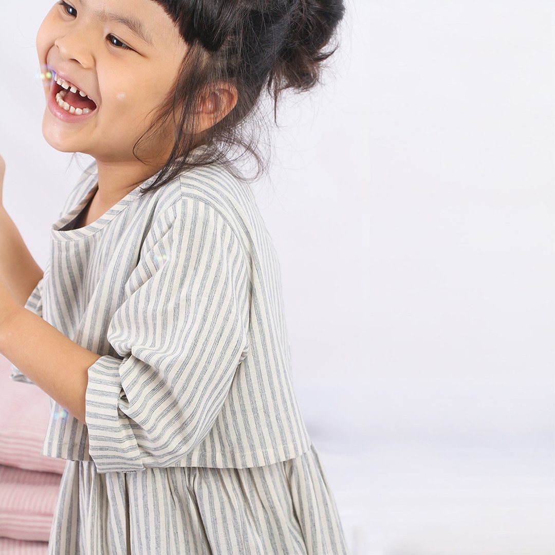 Kids Dress, Cotton Dress, Stripe Dress, Grey, Mika - 童装礼服/连衣裙 - 棉 灰色