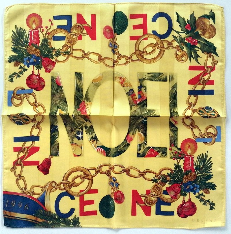 Celine Paris 古董手帕 Noël 圣诞主题 19 x 19 英寸 - 手帕/方巾 - 棉．麻 黄色