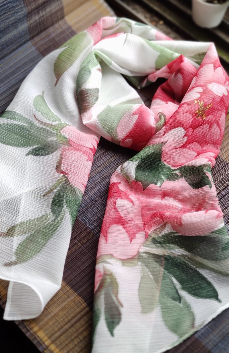 SS23-春漾手绘雪纺轻清小围巾~牡丹*雅白 - 丝巾 - 其他材质 