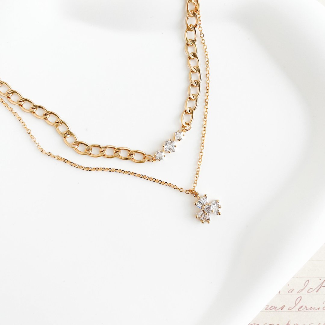 Gold / Binary Star / Cubic Zirconia Double Choker Necklace SV488G - 颈链 - 其他材质 金色