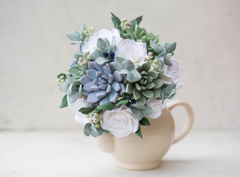 Succulent bridal bouquet - Eucalyptus rustic wedding - Polymer clay bouquet - 植栽/盆栽 - 粘土 绿色