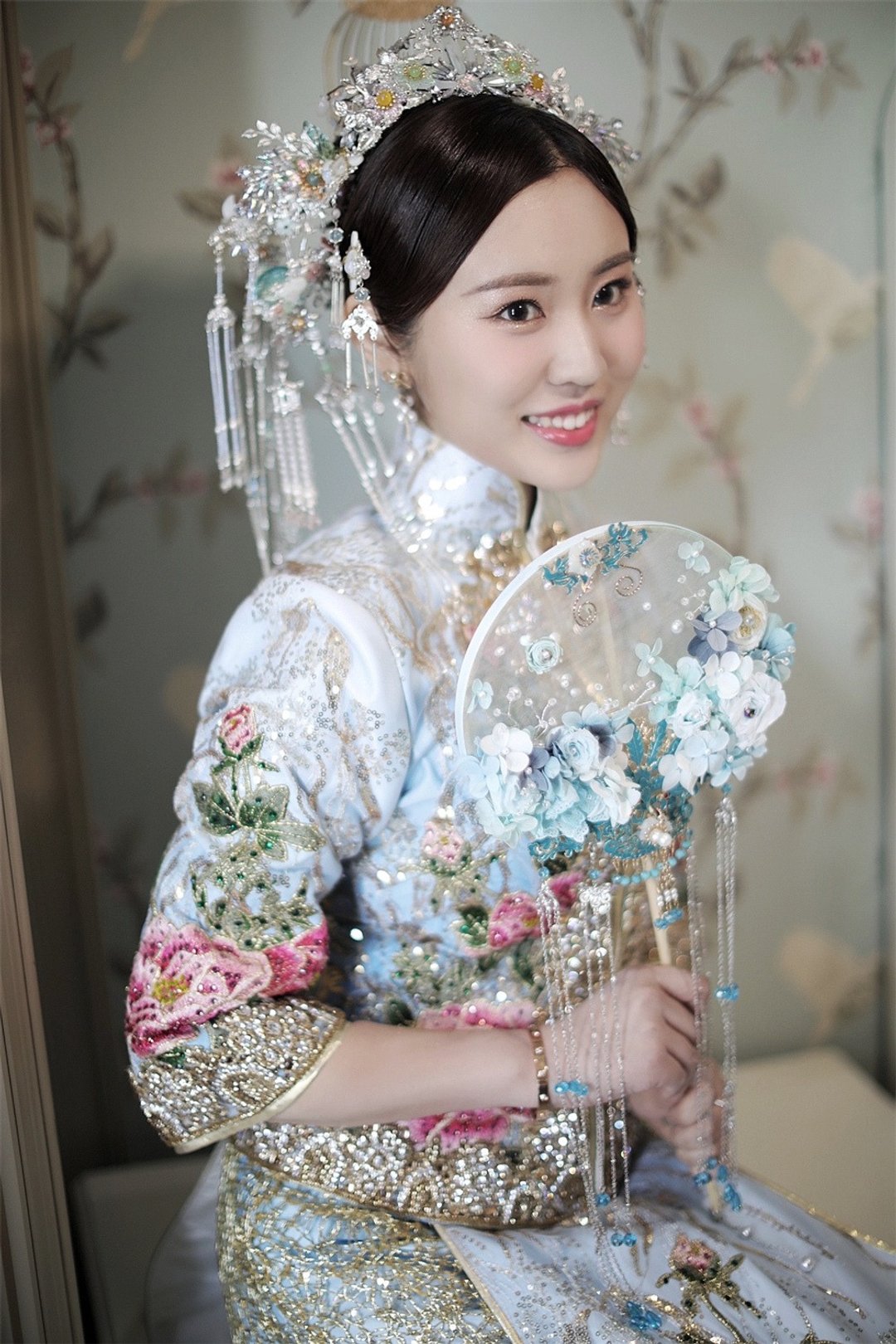 原创传统蓝色中式团扇秀禾马来服旗袍新娘婚扇-可定制 - 干燥花/捧花 - 植物．花 