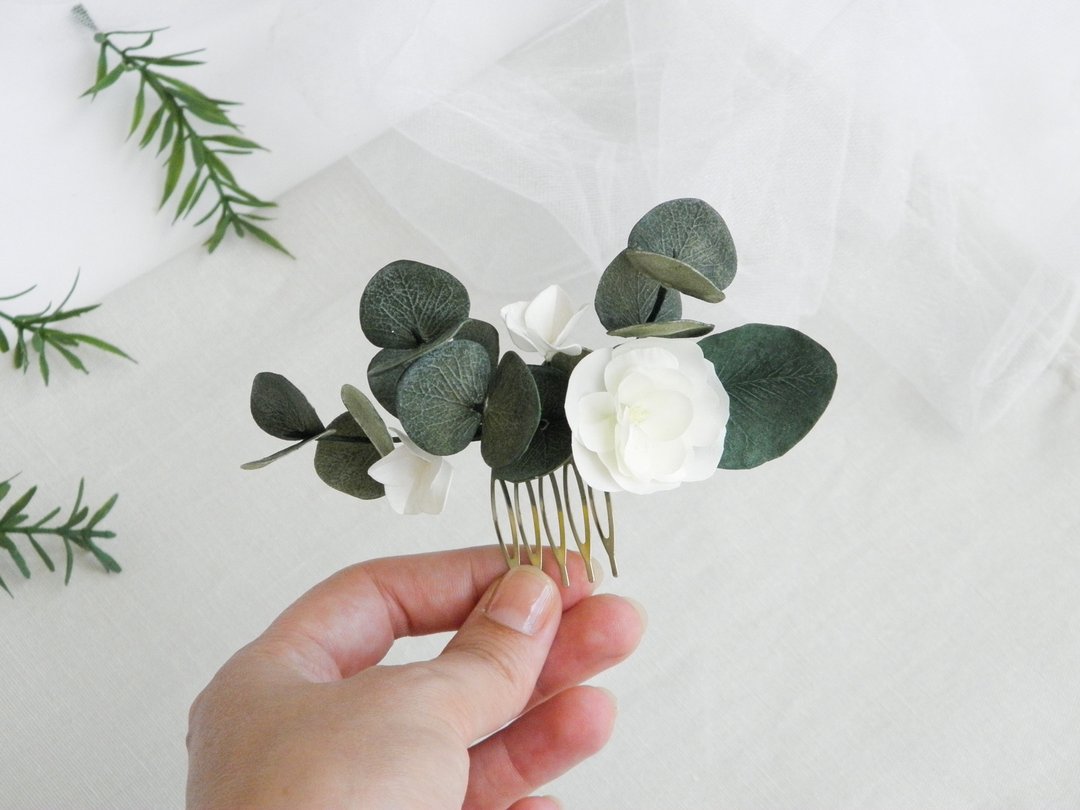 Eucalyptus hair comb Flower hair comb bride Bridal hair piece floral - 发饰 - 其他材质 绿色