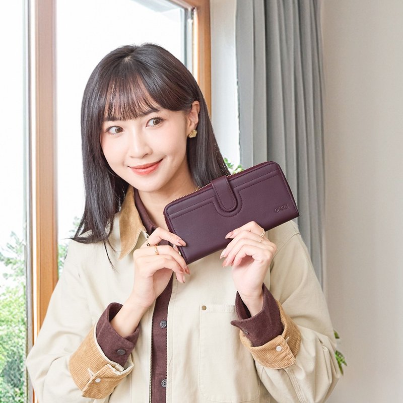 (深酒红)柔软牛皮舌扣拉链手拿包长夹4110 - 皮夹/钱包 - 真皮 