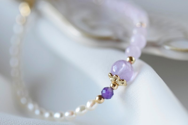 紫云天。紫晶 薰衣草紫晶 淡水珍珠 14K包金 水晶/天然石手链 - 手链/手环 - 水晶 紫色
