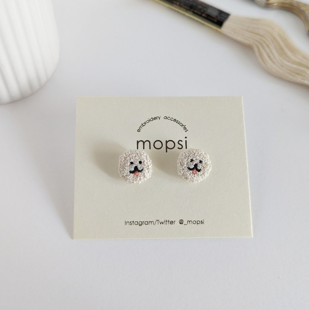 Bichon Frize Embroidered Earrings/ Clip-On - 耳环/耳夹 - 绣线 白色