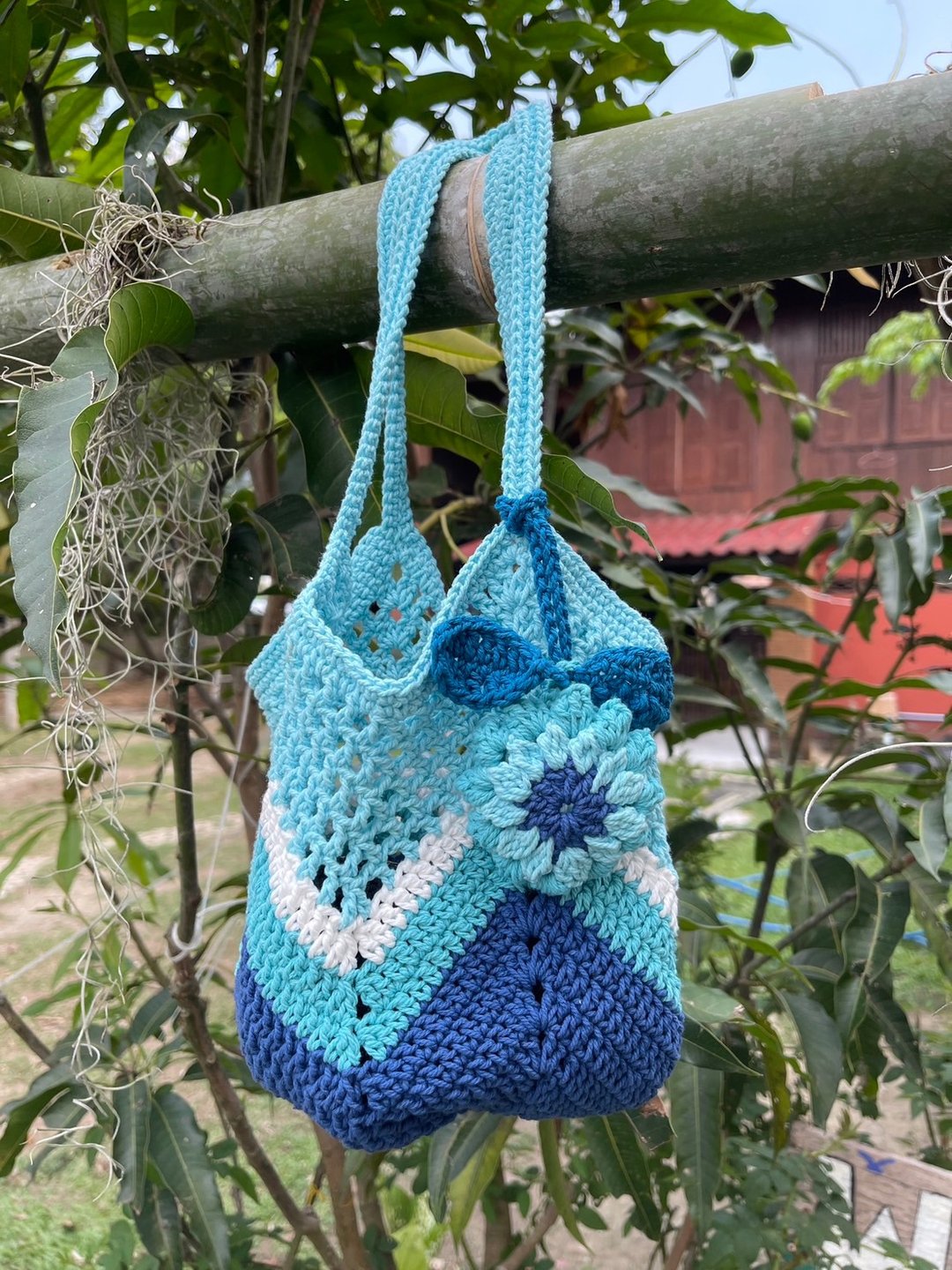 Blue Granny Square Net Bag,Crochet Bag, Women Bag - 手提包/手提袋 - 棉 蓝色