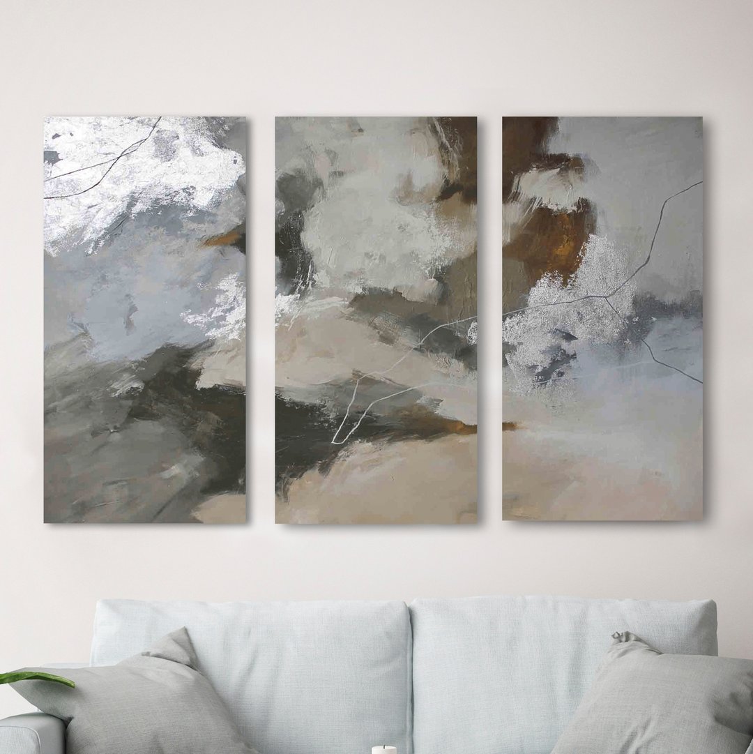 抽象画布原作油画灰色银色 | Flock 2 Triptych - 墙贴/壁贴 - 棉 灰色