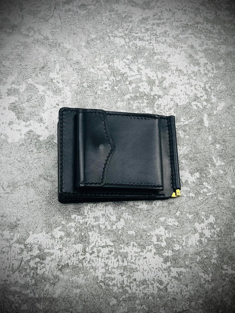 【短夹】SL.025 插件零钱袋钞票夹短夹/ 意大利植鞣革/ 素面全黑 - 皮夹/钱包 - 真皮 黑色