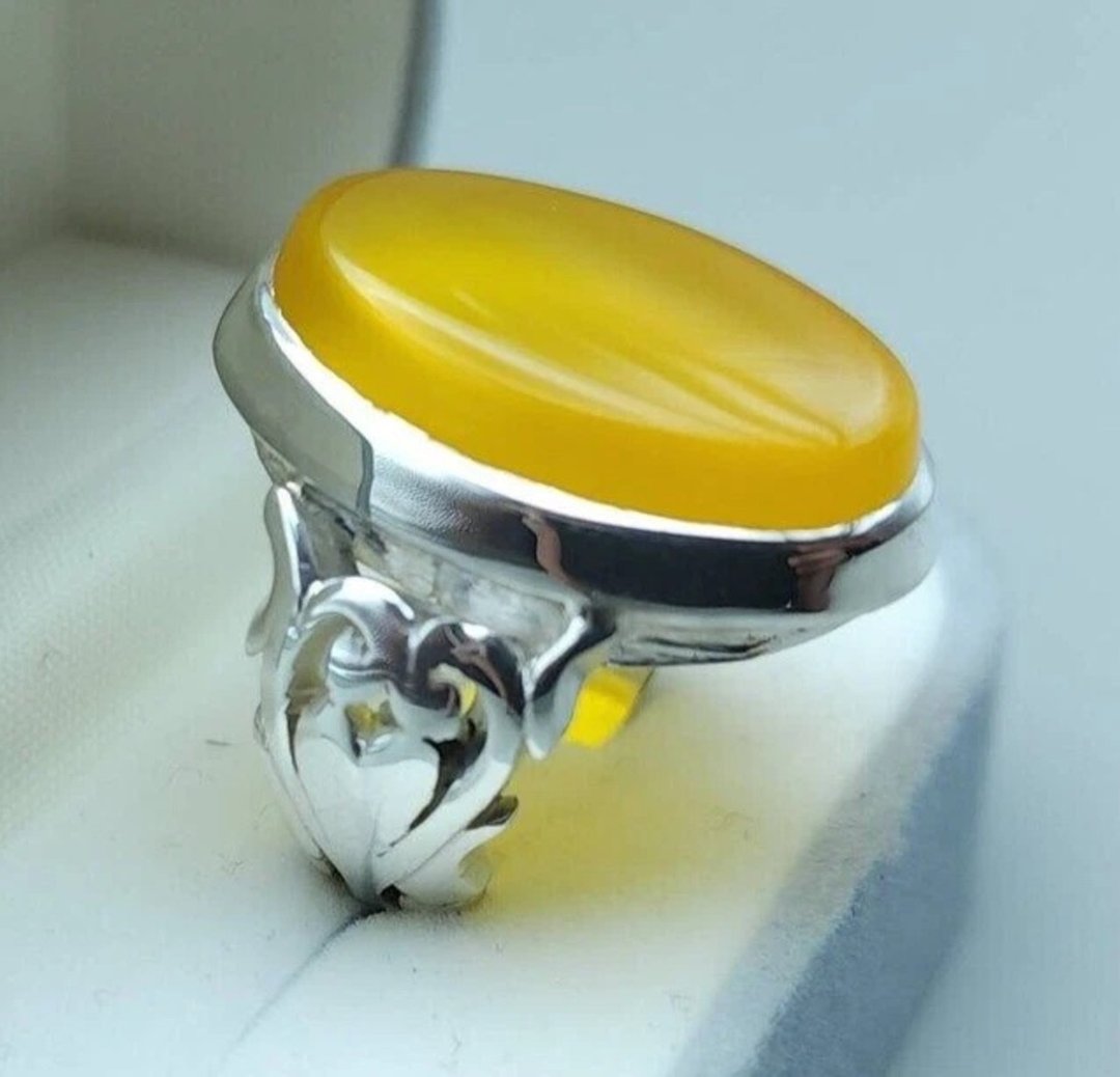 Yellow yamani aqeeq ring Yemeni Agate stone, Yellow aqeeq mens ring gift man - 戒指 - 宝石 黄色